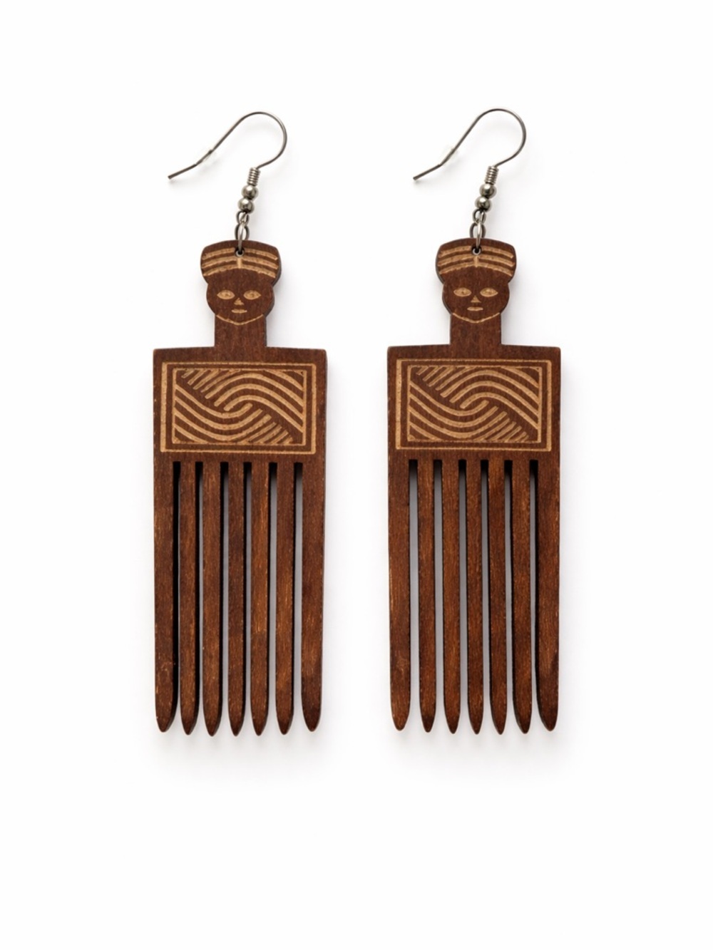 Afro Comb Wood Dangle Earrings Tribal Carved Statement Boho